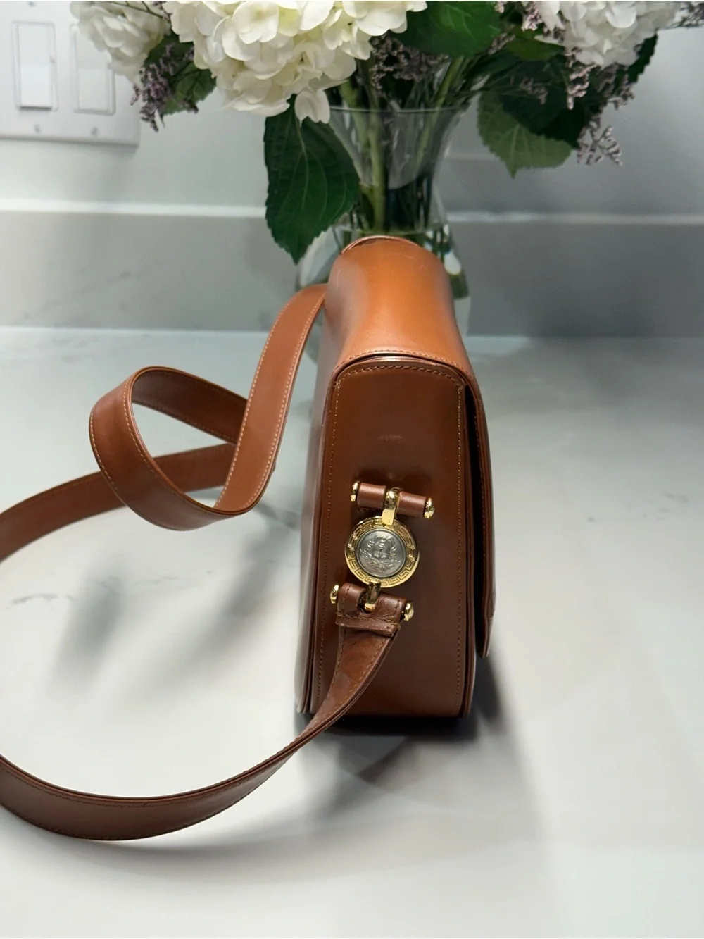 Vintage Gianni Versace Cognac Leather Crossbody with Medusa Relief